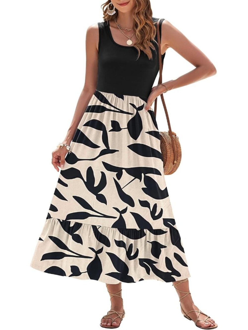 〽️Women's Apricot Black Floral Maxi Dress Square Neck Tiered Sleeveless Pockets